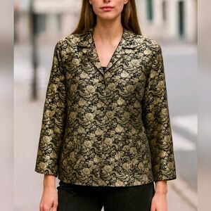 Chicos Black Gold Floral Brocade Jacquard Silk Metallic Button Up Shirt SZ XL